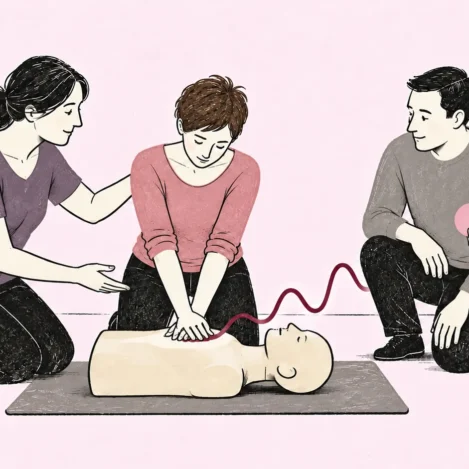 Účastníci kurzu nacvičují první pomoc na resuscitační figuríně pod vedením instruktorky.